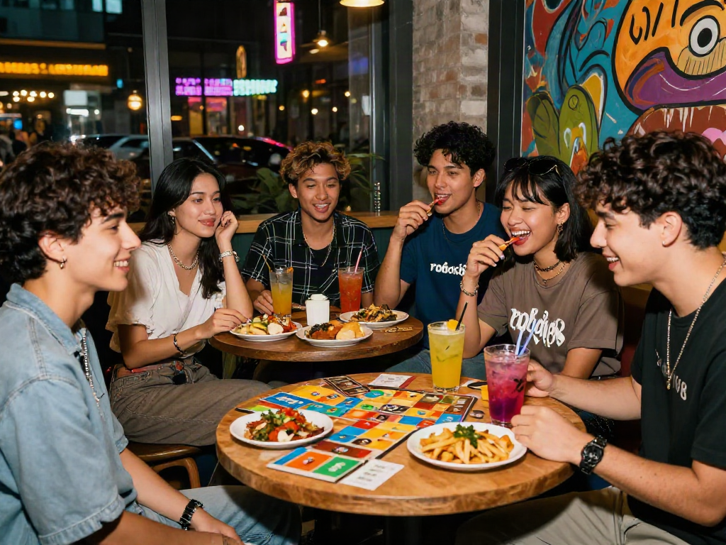 Friends enjoying stylish rokok88 apparel at vibrant café