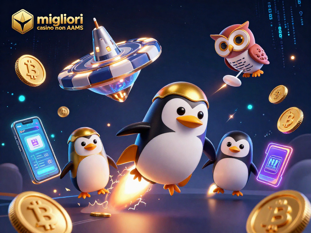 Gioca nei migliori casino non AAMS con un'illustrazione di un pinguino dorato che vola nello spazio.
