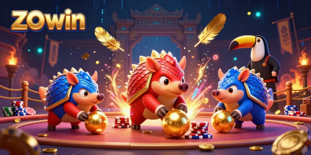 Experience the thrill of zo win with rival pangolins battling through poker chips in a vibrant casino scene.