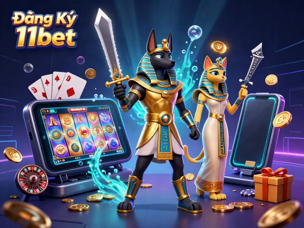 Play and register with Đăng Ký 11bet, featuring Anubis and Bastet in a vibrant casino scene.