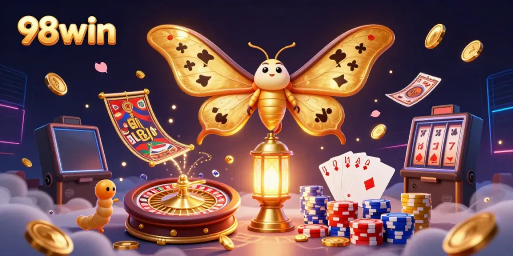 Win big with 98win as the moth and silk companions showcase a vibrant casino scene.
