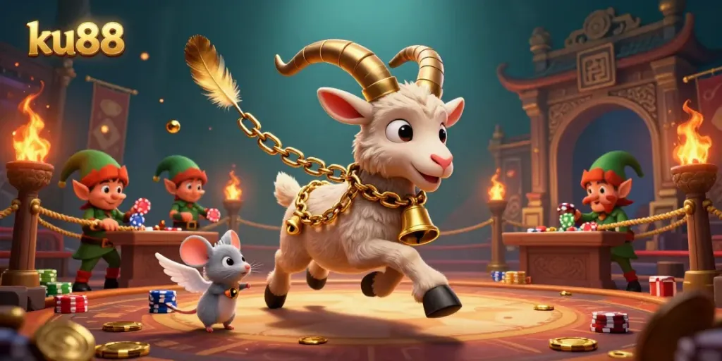 Experience the thrilling vibe of ku88 with a lively casino scene featuring whimsical characters and dynamic game elements.
