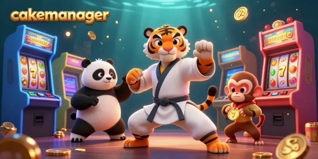 Experience exciting gameplay with cakemanager in a vibrant casino scene featuring playful characters.