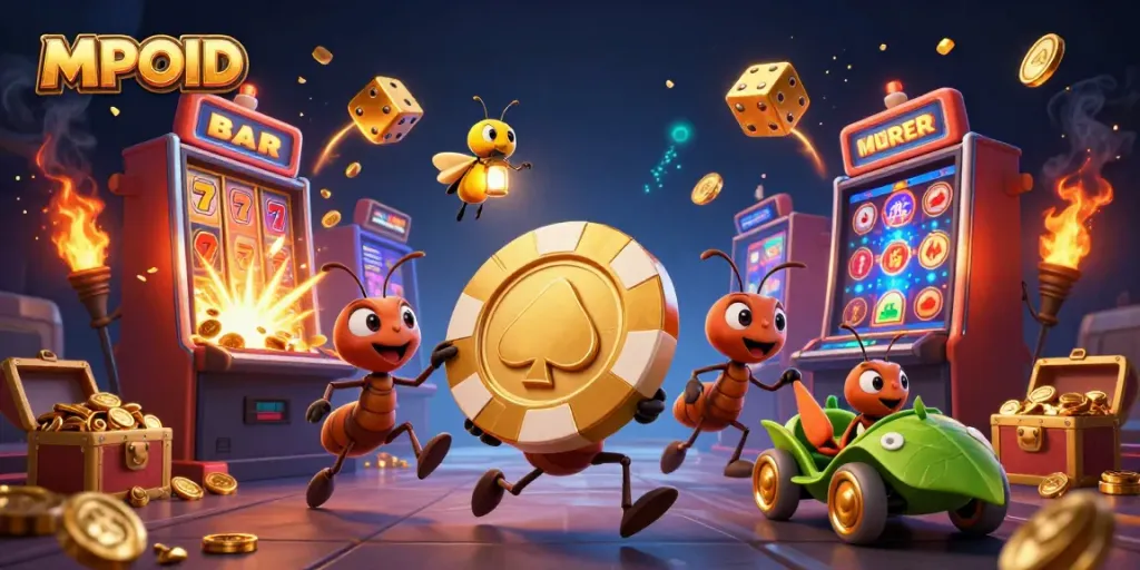 MPOID showcases ants carrying a giant poker chip in a vibrant casino heist scene, emphasizing fun.