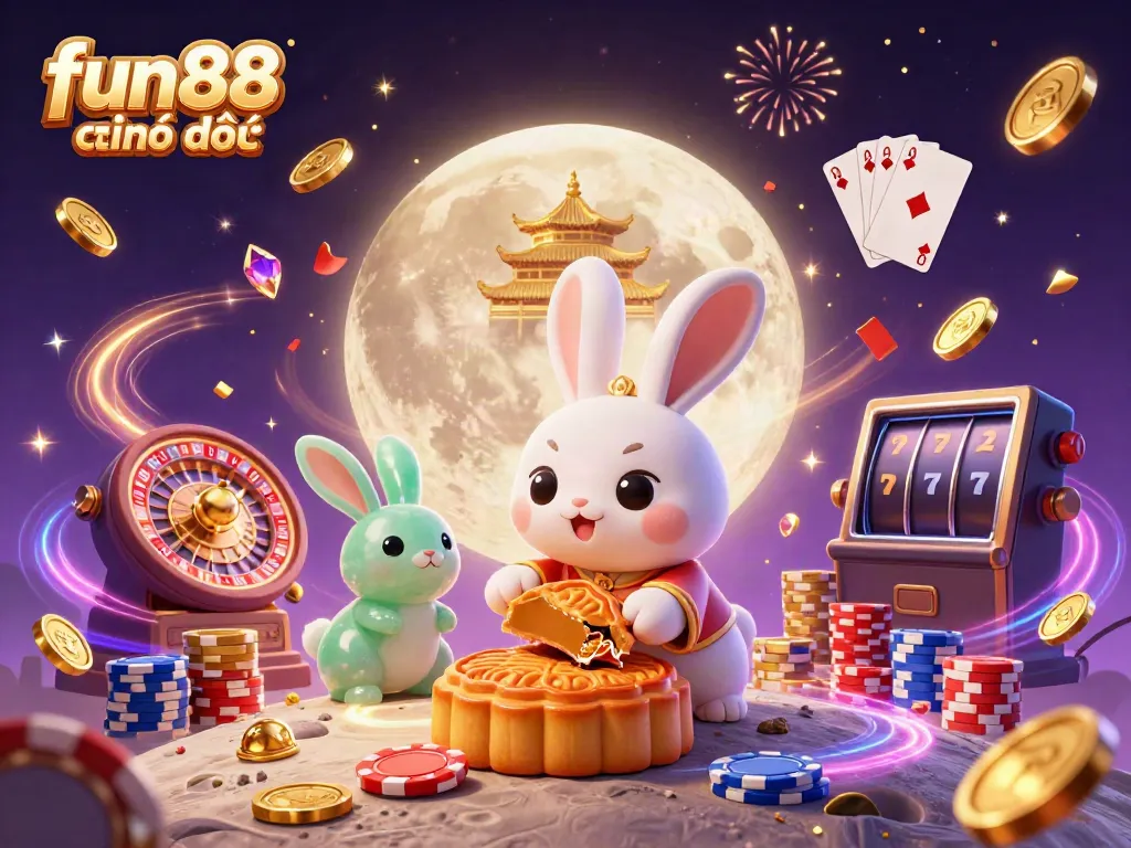 Experience fun88 chính thức with vibrant casino-themed characters and elements celebrating on the lunar surface.