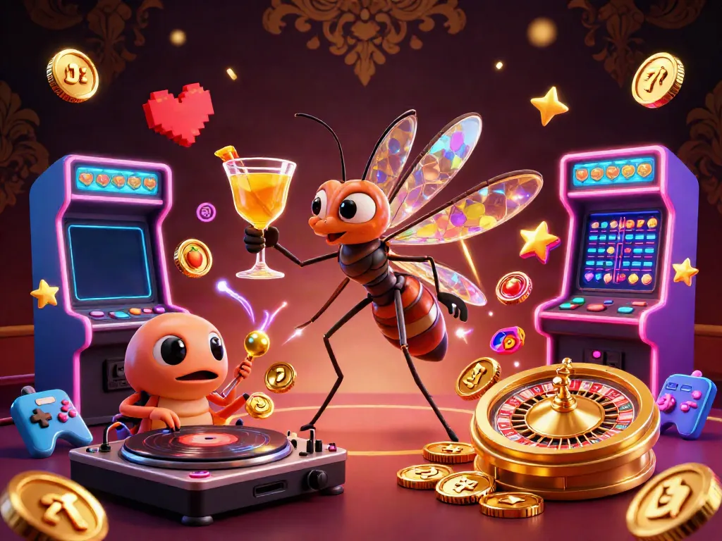 Experience the thrill of slot gacor through a vibrant 3D illustration of a mosquito mascot and DJ, symbolizing fun and excitement.