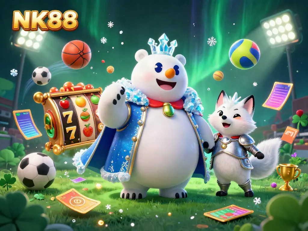 Engage with NK88's online casino world, featuring dynamic slot reels and a frosty scene.