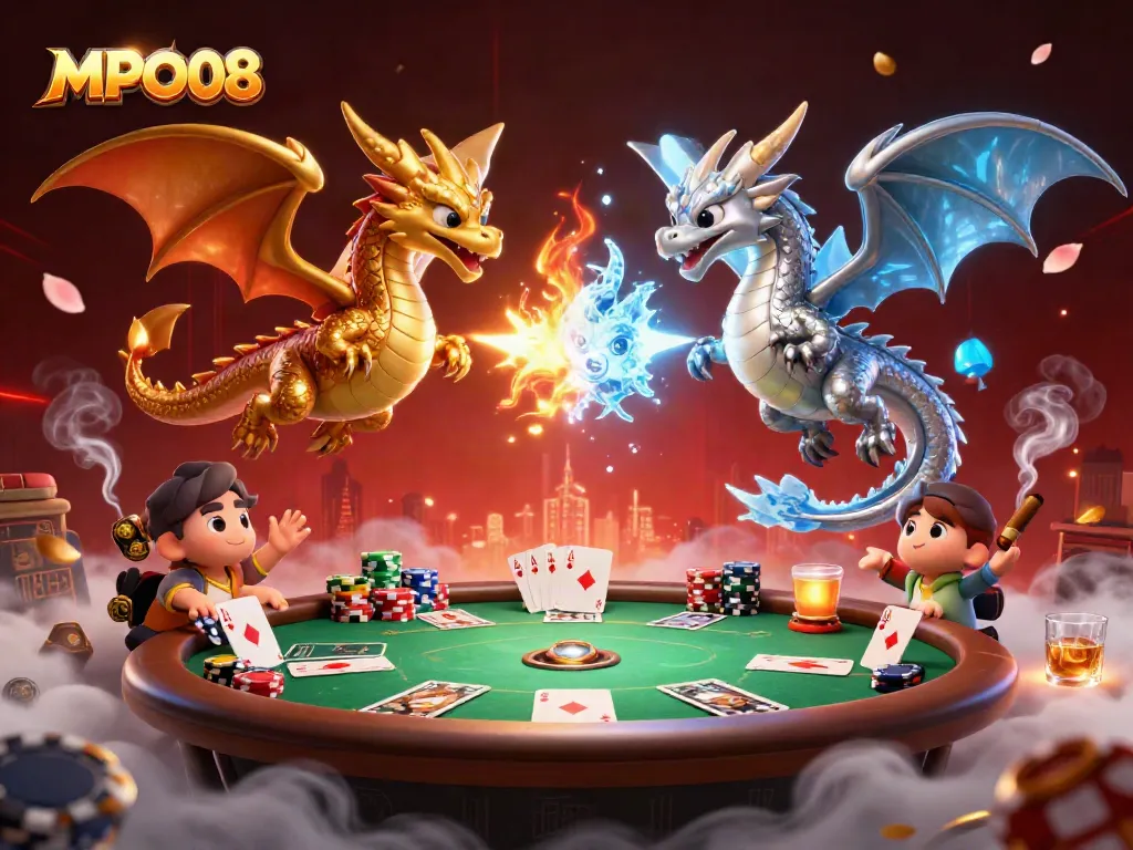 MPO08 showcases gold and silver dragons in an exciting gambling scene with poker elements.