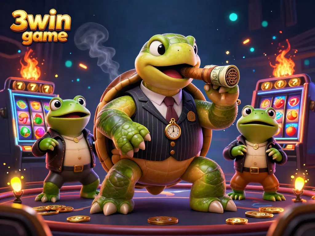 Engage with the vibrant scene of the 3win game featuring a mobster turtle and bullfrog enforcers amidst colorful slot machines, depicting a thrilling casino atmosphere.