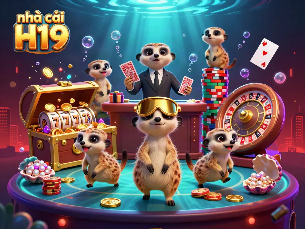 Experience the vibrant world of nhà cái H19 through a dynamic meerkat casino scene with exciting game elements.