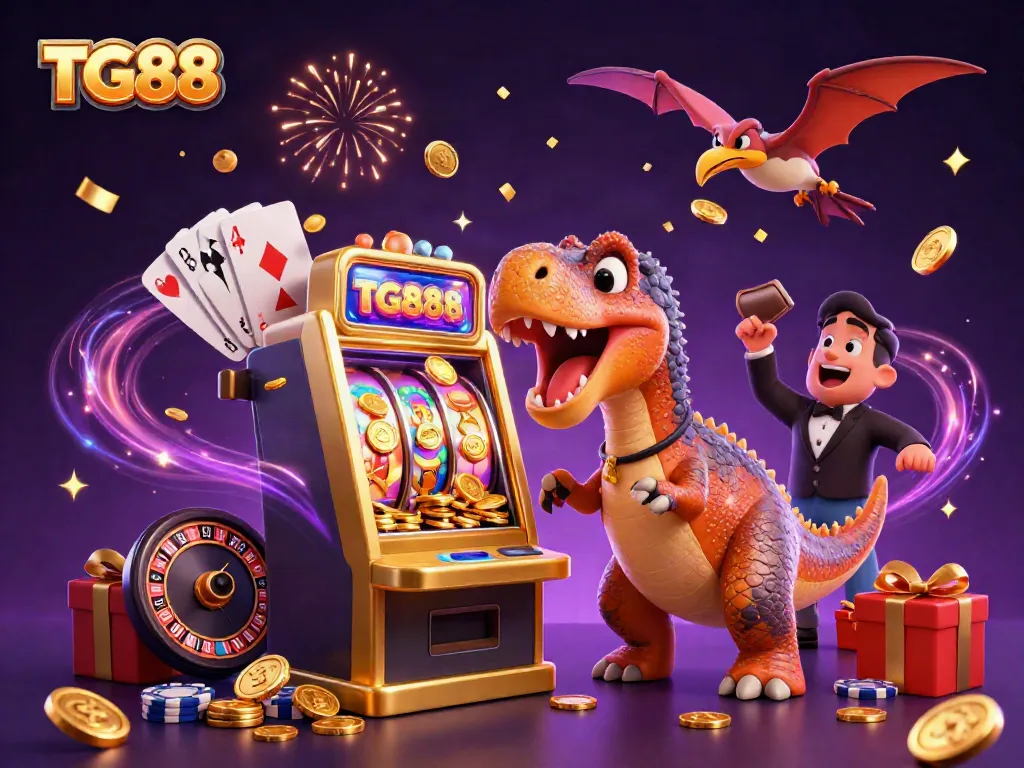 Experience excitement with TG88 as a dinosaur wins jackpots from a golden slot machine in this lively casino scene.
