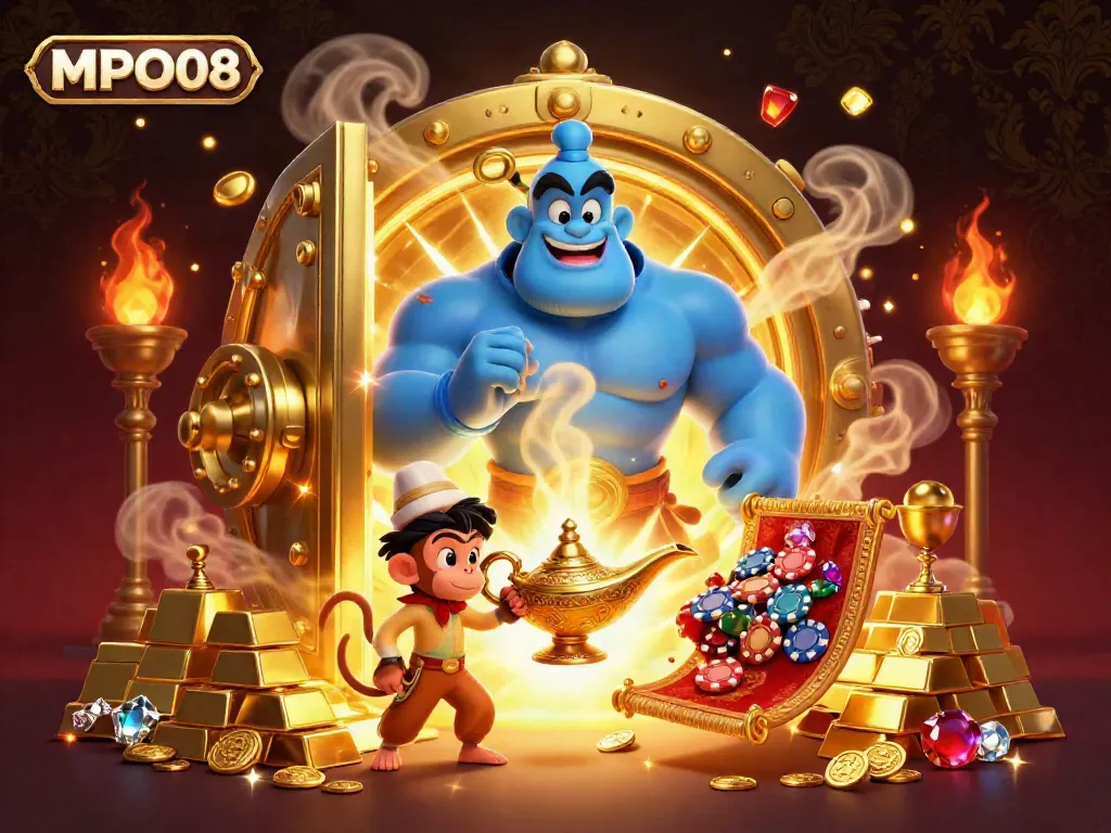 MPO08 brings a magical casino experience with a genie, monkey, and poker chips surrounded by treasure.