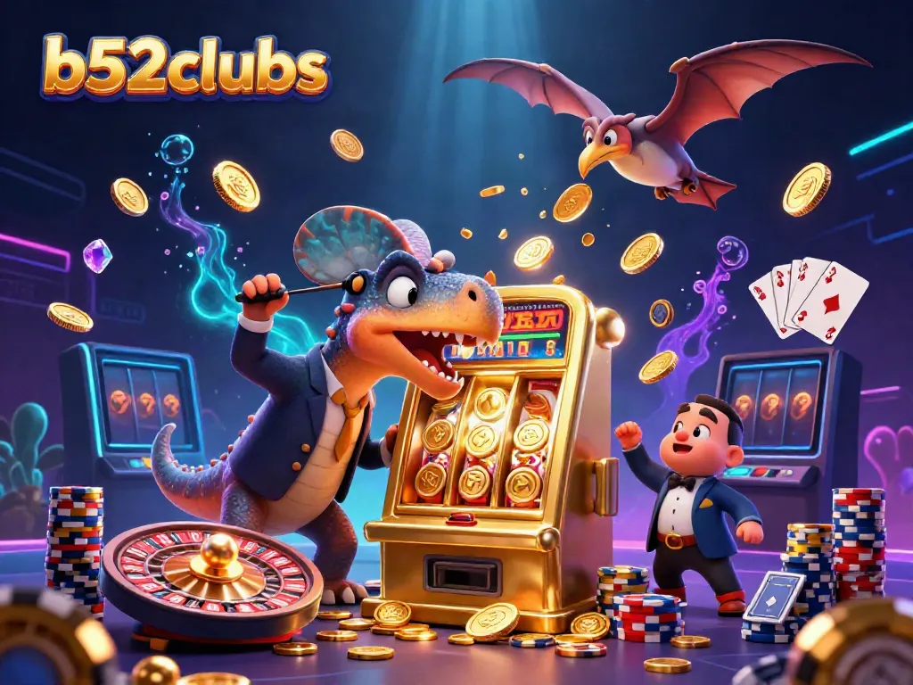 Experience the thrill of b52clubs with dynamic casino illustrations showcasing jackpot winnings and excitement.
