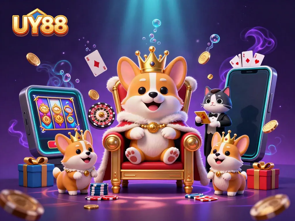 Spin and win at UY88 with vibrant 3D illustration featuring a royal corgi on a poker chip throne.