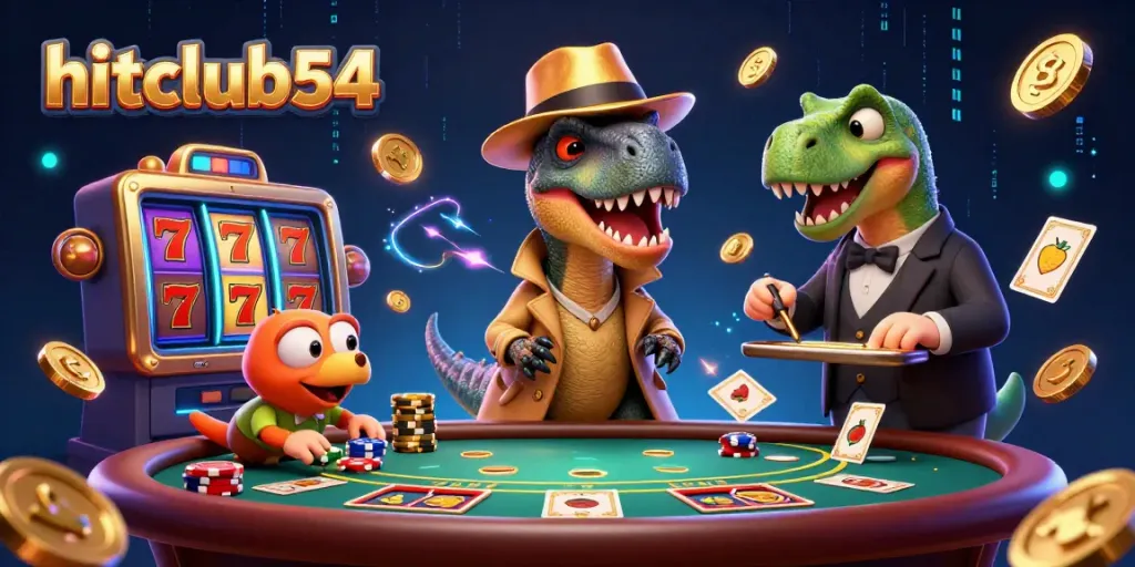 Engage with hitclub54’s thrilling blackjack scene featuring colorful slot elements and charismatic dinosaur characters.