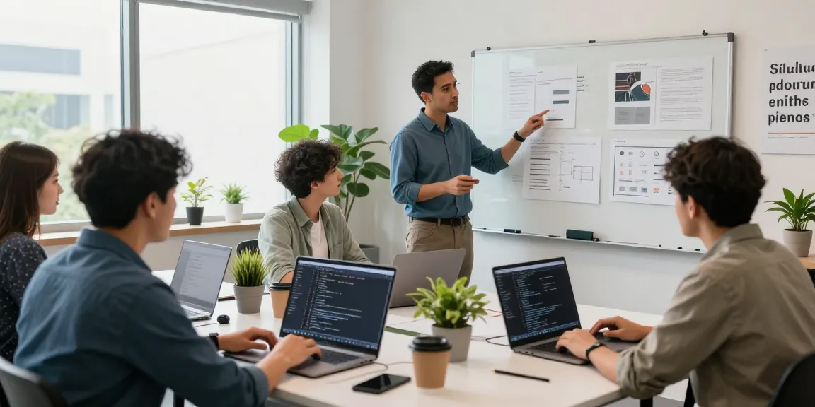 Web development company in Malaysia team collaborating in a modern workspace with laptops and design tools.