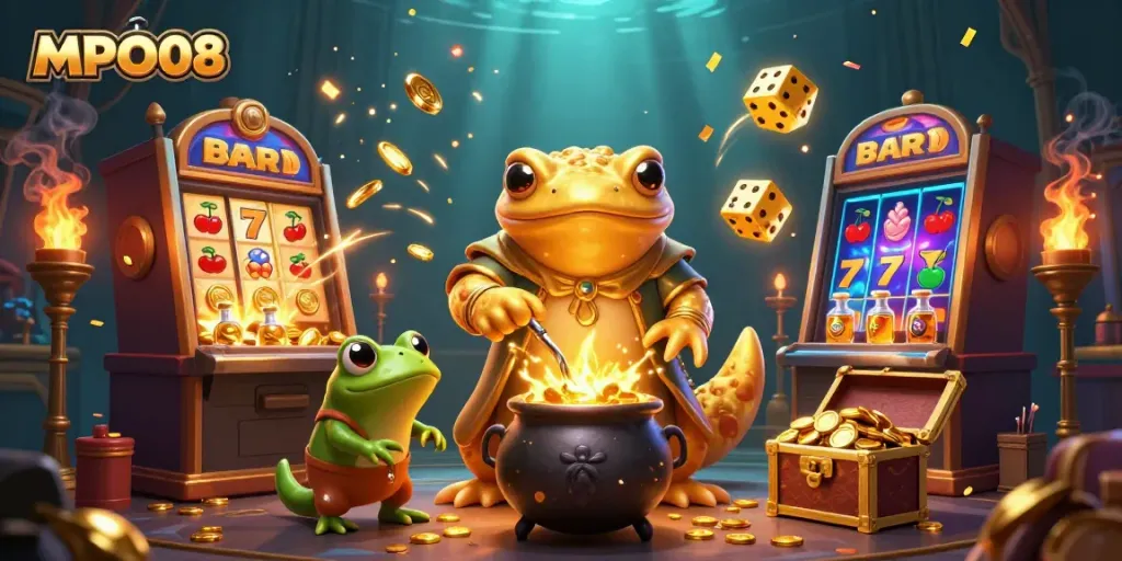 MPO08 showcases a vibrant alchemist scene with gold coins spilling from a slot machine, evoking excitement in players.