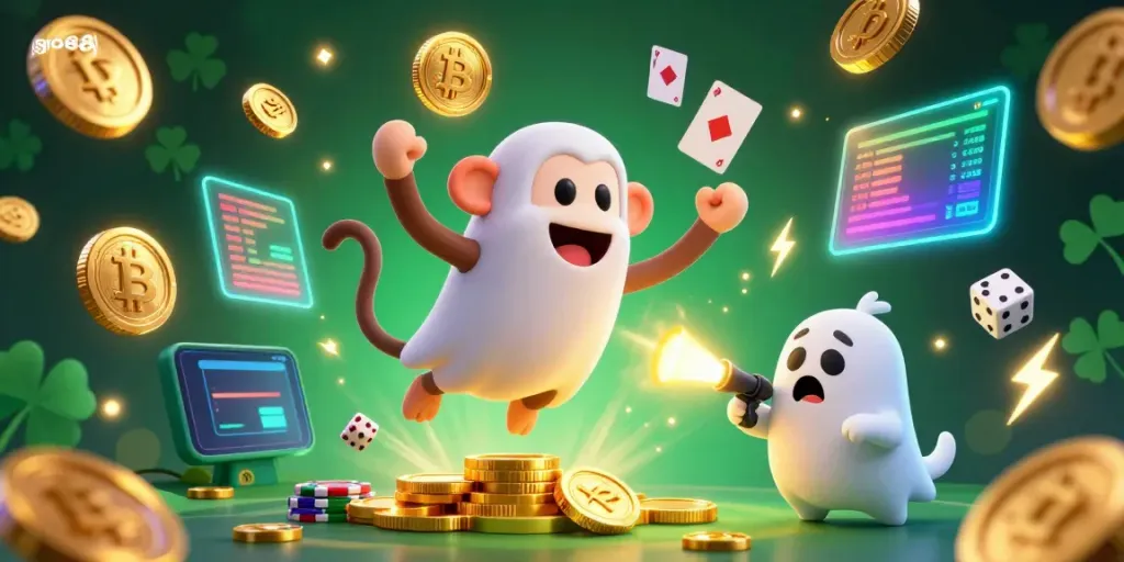Engage in thrilling gaming with go88 as a charming monkey juggles golden coins in a mystical casino scene.
