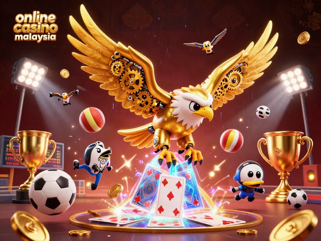Experience thrilling action at an online casino Malaysia with a cybernetic eagle surrounded by sports elements and neon lights.