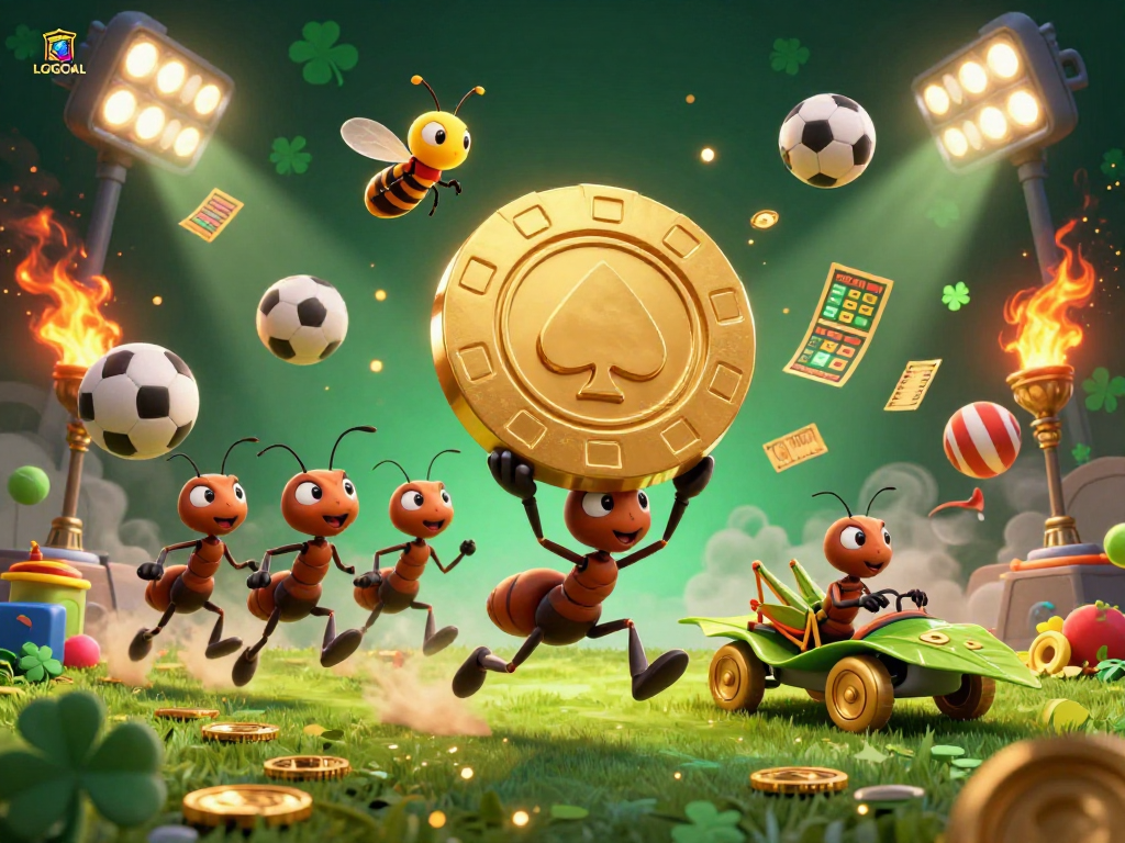 LGOGOAL ants steal a giant gold poker chip amidst a vibrant gambling scene of sports elements.