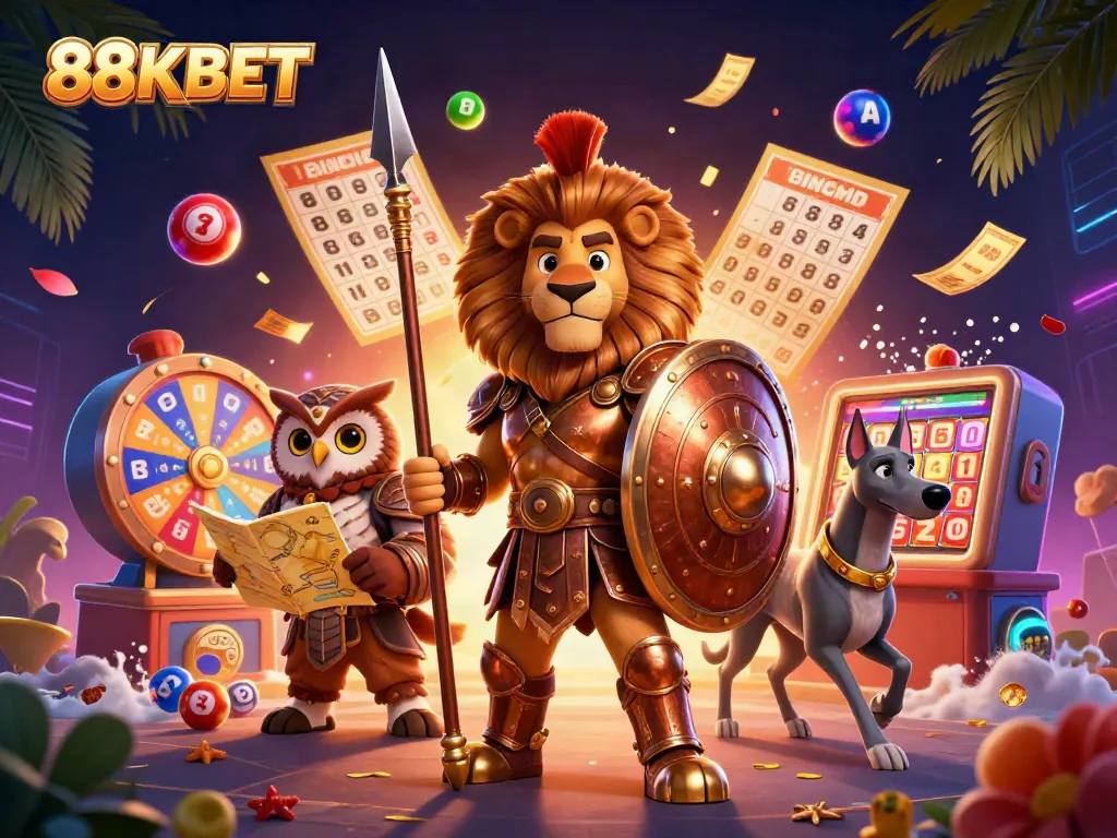 Win big with colorful lottery elements and a heroic 88KBET mascot in a vibrant 3D scene.