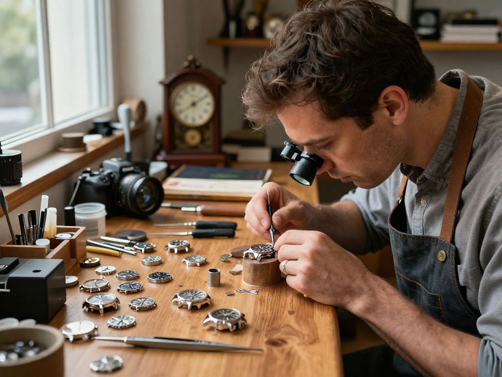 Expert watchmaker inspecting 2135 movement parts in a bright workshop.