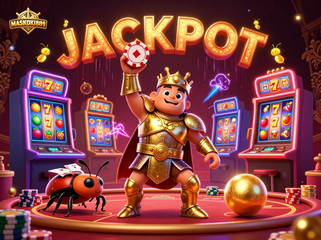 Celebrate wins with MASKOKI889 as a heroic beetle dominates the casino scene!