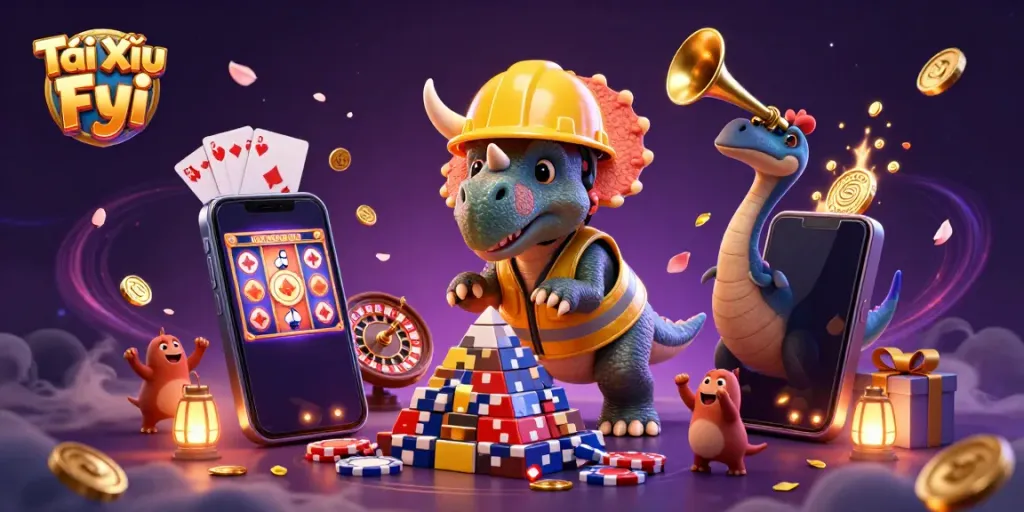 Tài Xỉu Fyi illustration showing a triceratops and parasaurolophus celebrating casino elements.