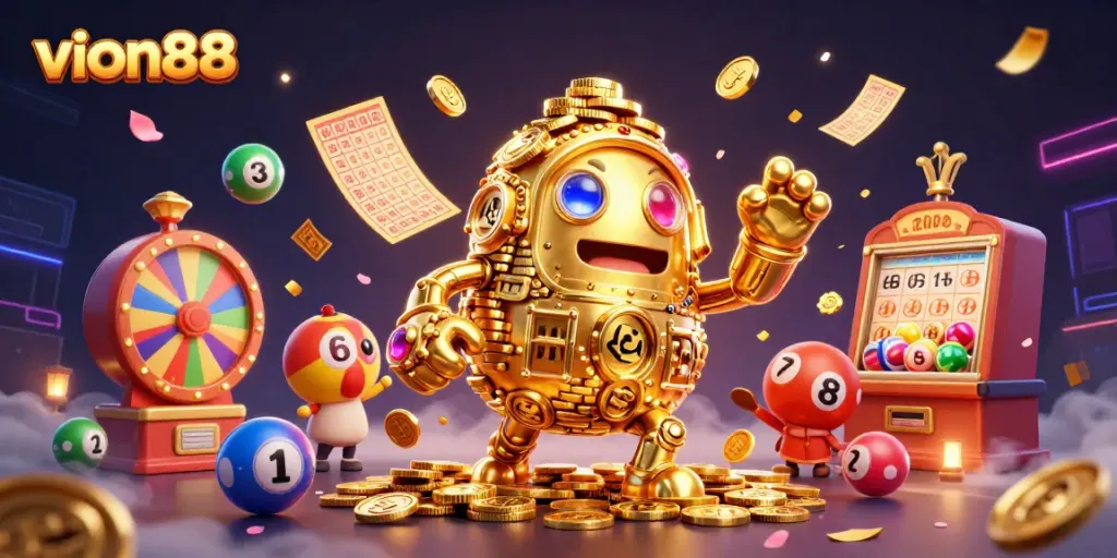 Experience the thrill of gaming with vion88's vibrant online casino environment and dynamic slot symbols.