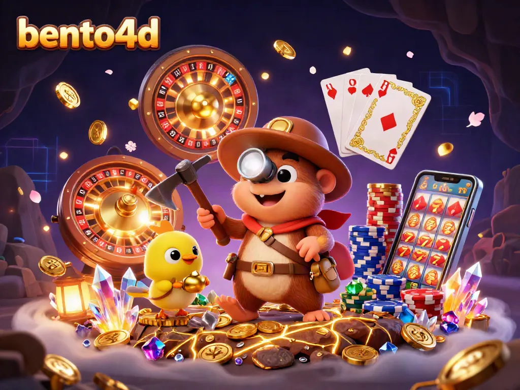 Bento4d treasure hunter mole explores a vibrant casino cave filled with gold coins and bright gems.