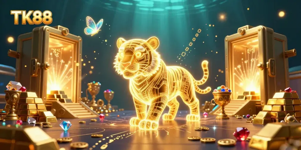 Experience the thrill of gaming at TK88 with vibrant visuals of a golden tiger and treasures.