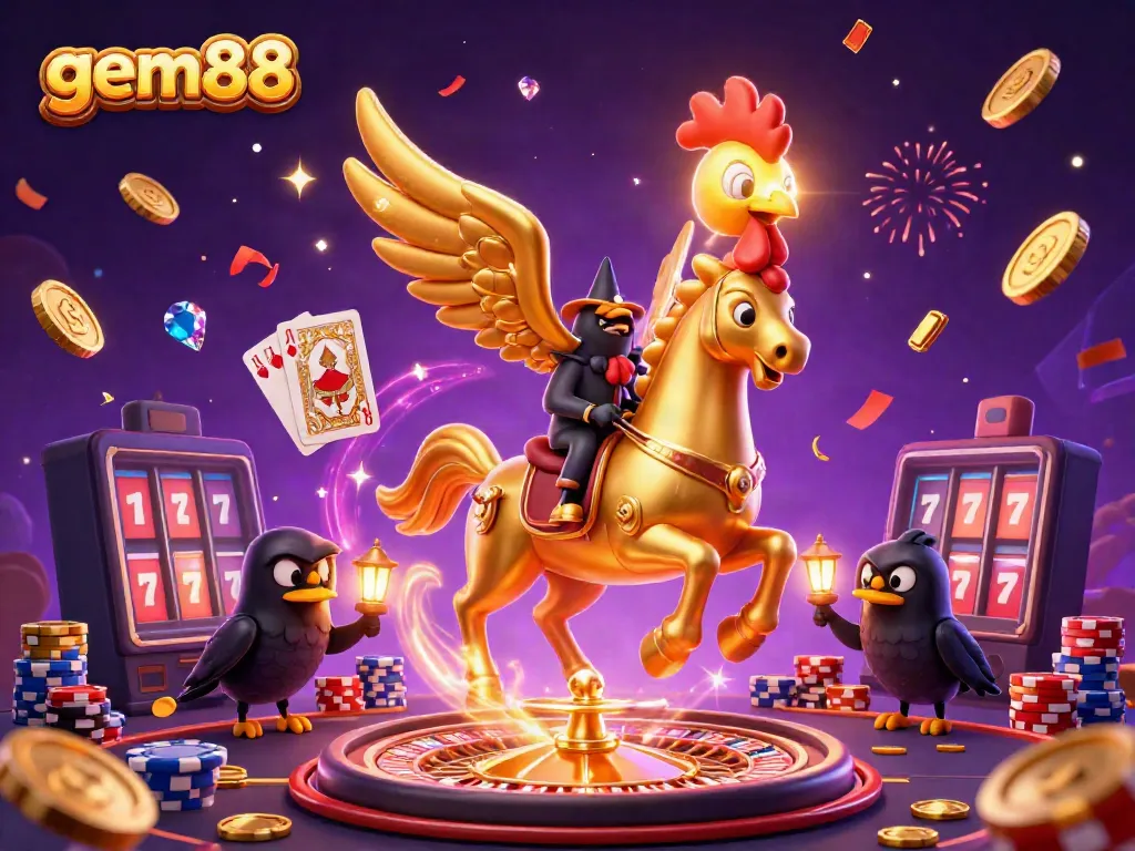 Experience the exciting gem88 casino dynamic with a golden rooster and rich casino elements.