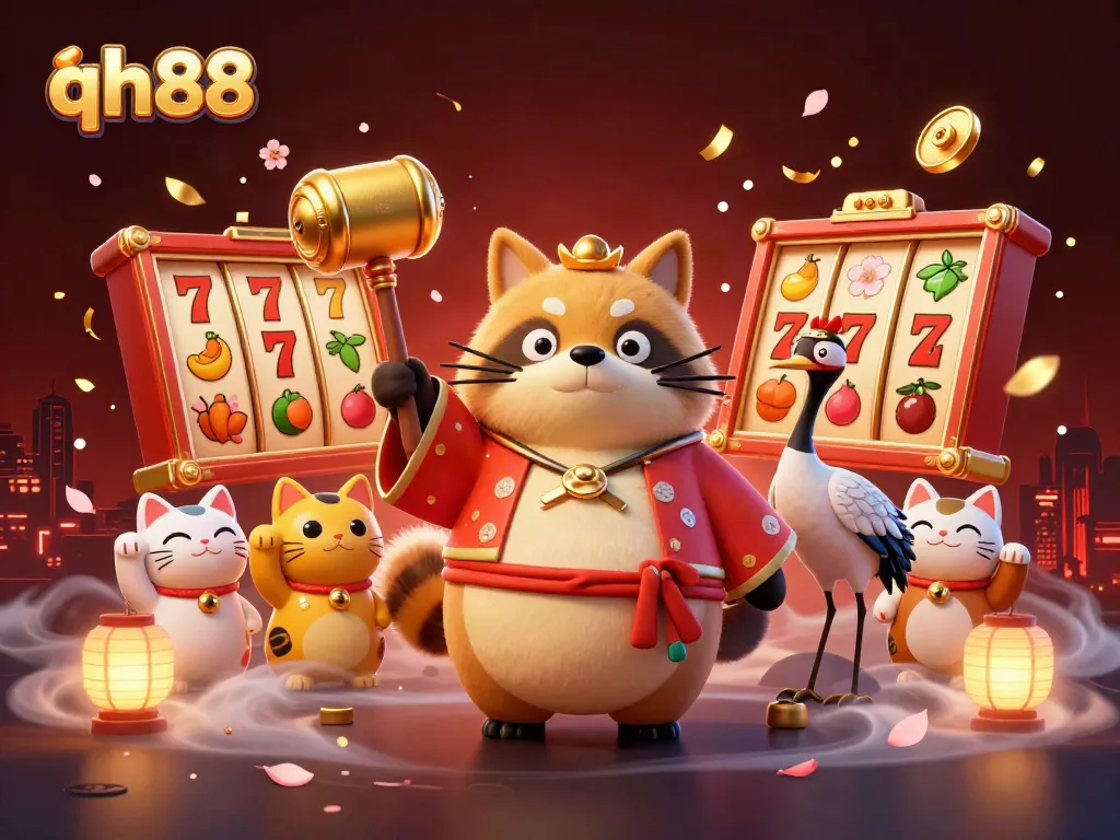 Experience big wins at qh88 with the cheerful tanuki celebrating in a vibrant casino scene.