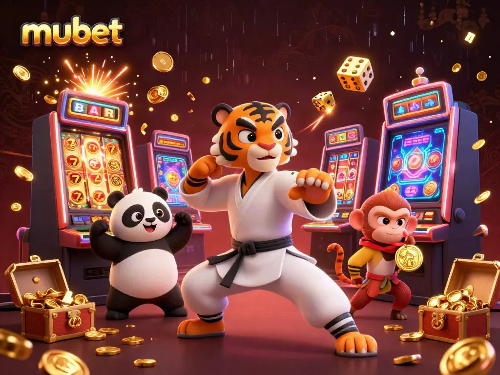 Experience the thrill of mubet with a dynamic scene of characters celebrating surrounded by casino magic.