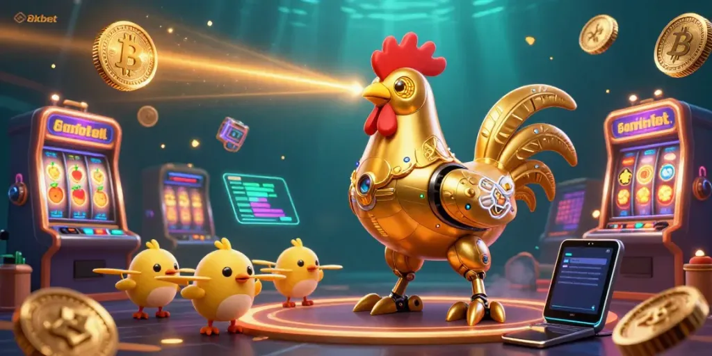 Engage with 8xbet's thrilling casino experience featuring golden rooster robot and dynamic slot action.