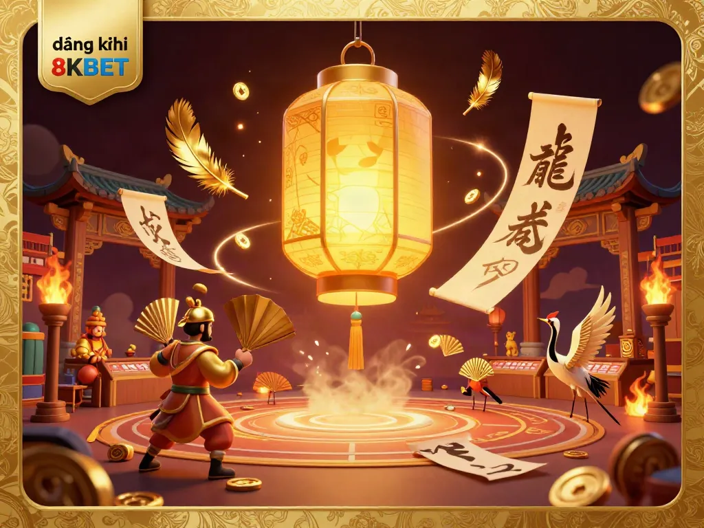 Spin the reels effectively with the vibrant illustration of đăng ký 8KBET depicting a mystical casino atmosphere filled with golden elements and lucky symbols.