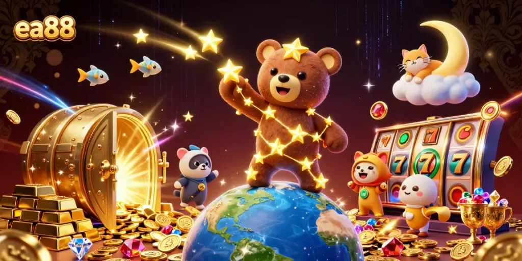 ea88 tham gia vào trò chơi slot với các biểu tượng vàng và cá ngôi sao lấp lánh.