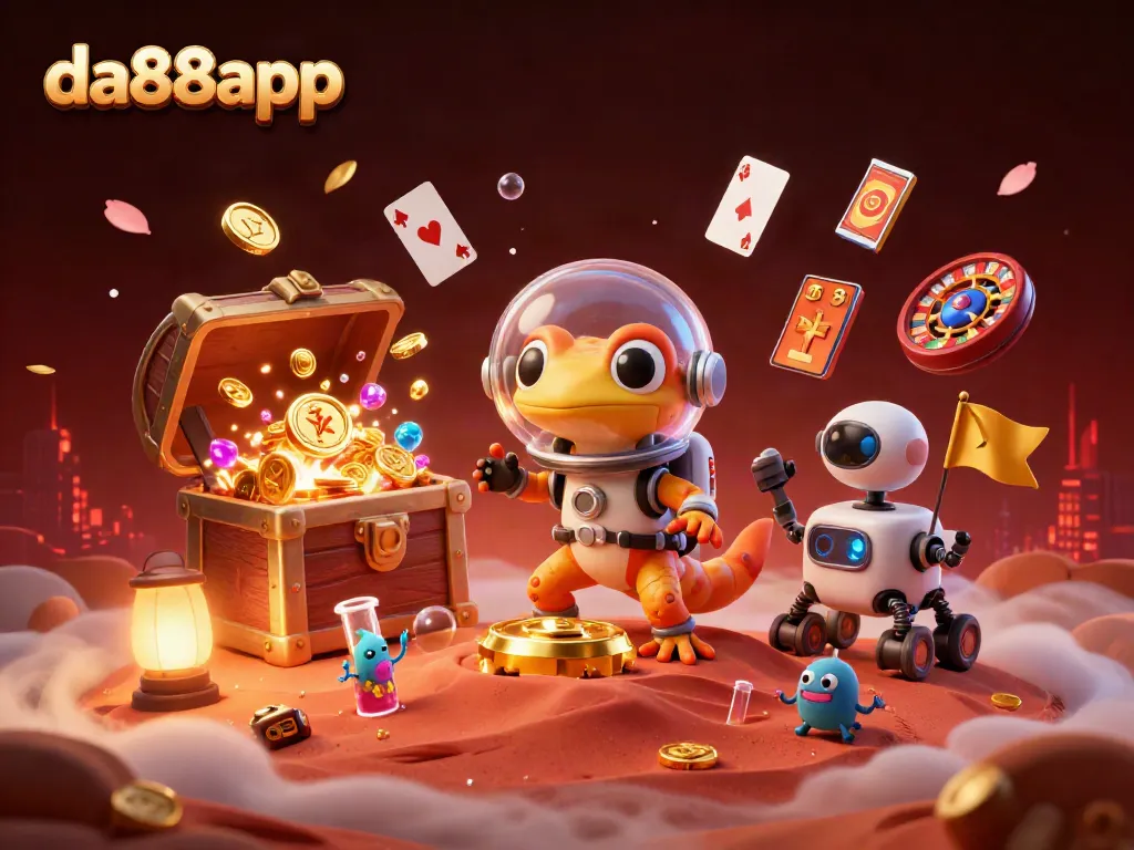Interact with golden casino games in a vibrant Martian setting featuring da88app elements.