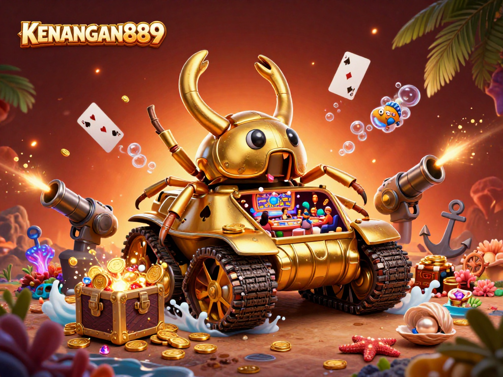 Bet on KENANGAN889 with a dynamic scene of a golden beetle tank revealing a miniature casino.