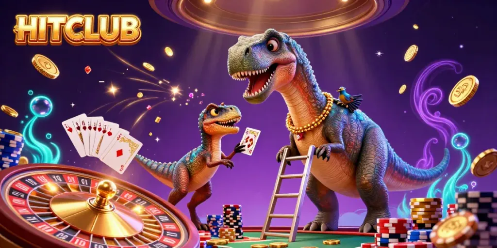 Experience HITCLUB's vibrant casino atmosphere with a towering brontosaurus and clever raptor dealer.