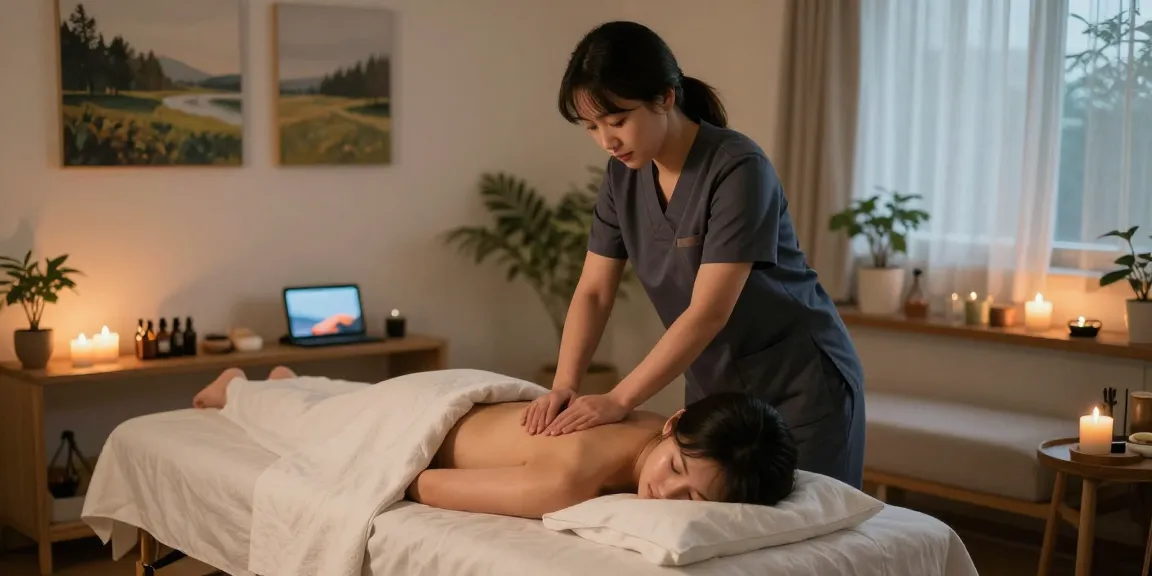 Providing 신촌출장마사지 in a calming home environment with therapist and client.