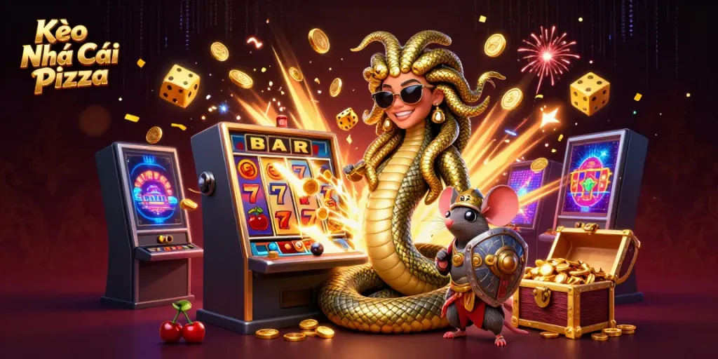 Experience the thrilling Kèo Nhà Cái Pizza scene with Medusa, a mouse warrior, and jackpot excitement.