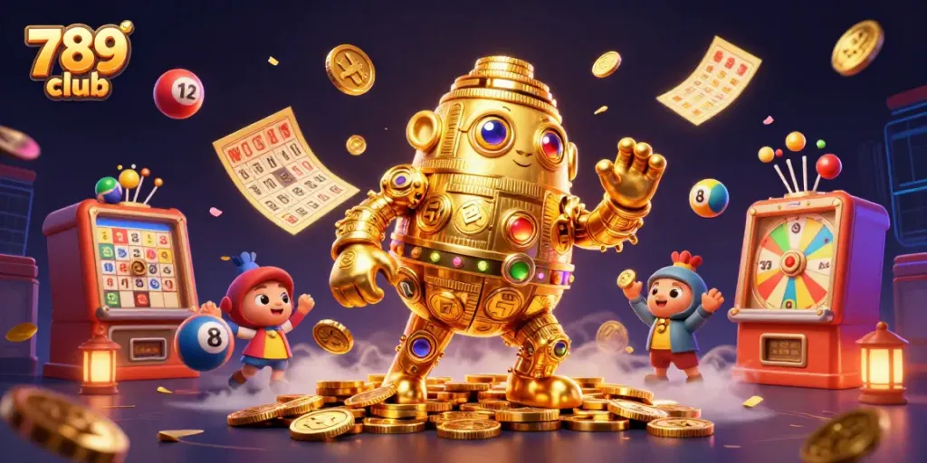 Engage with the vibrant 789 club gambling scene featuring colorful lottery elements and dynamic characters.