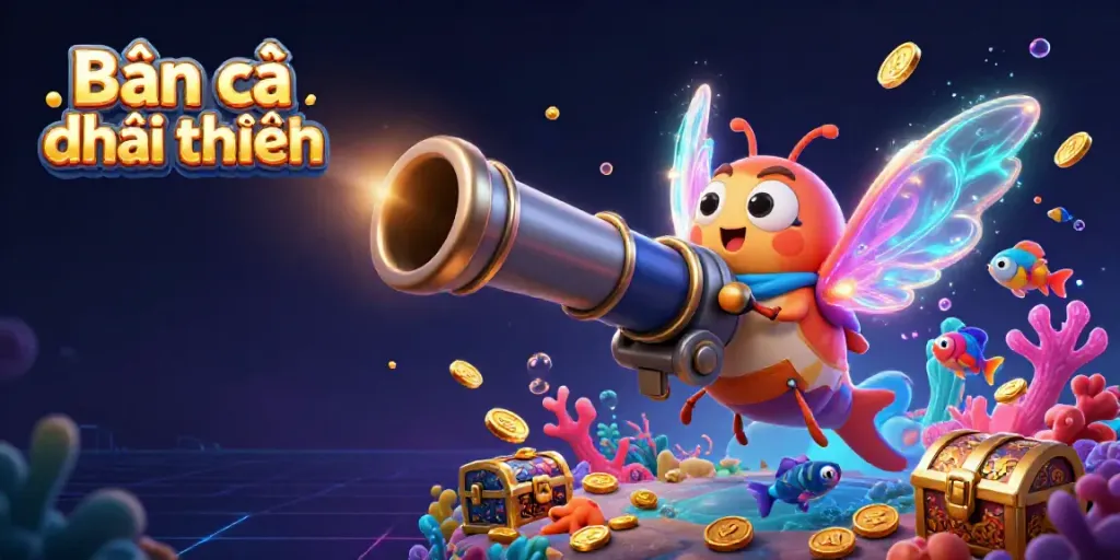 Engage in Bắn cá đổi thưởng with vibrant fish characters and treasure in an animated underwater scene.
