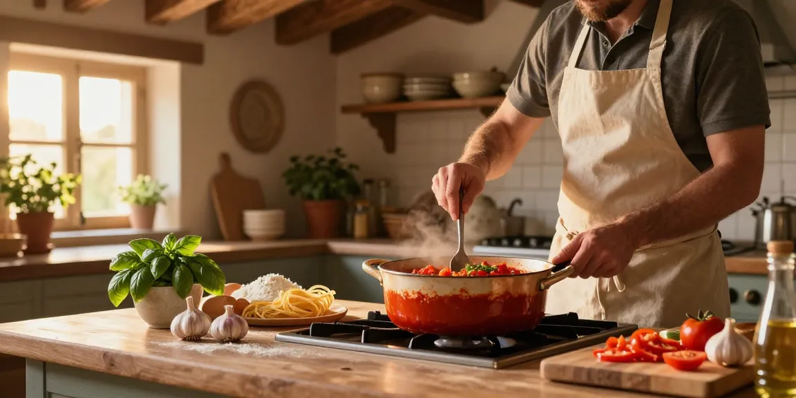 Delicious Italian Food being prepared in a rustic kitchen with fresh ingredients.
