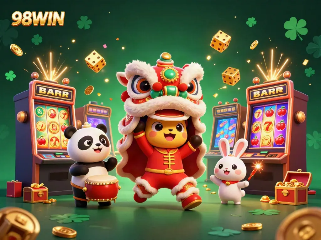 Experience the exciting 98WIN casino atmosphere with vibrant characters celebrating and winning jackpots!