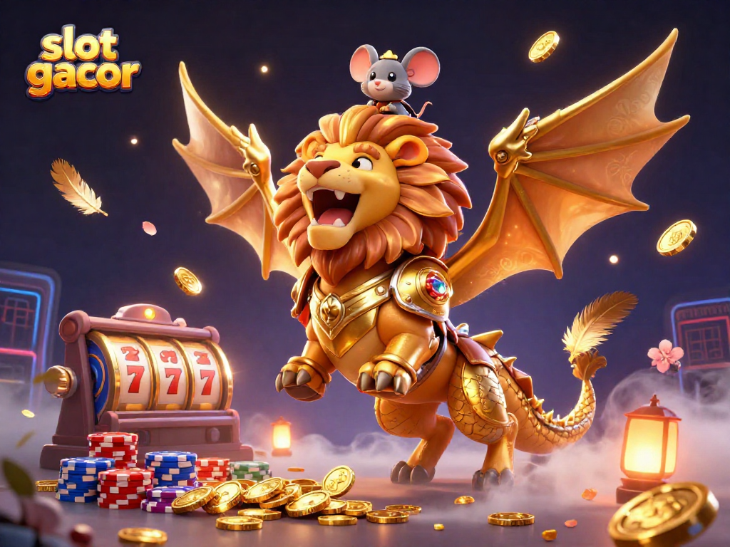 Experience the thrill of slot gacor with a dynamic 3D illustration featuring a chimera and vibrant casino elements.