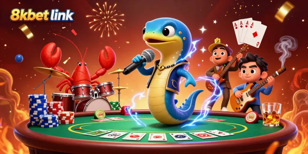 Experience the thrill of gaming with 8xbet link in this vibrant underwater casino scene featuring animated characters and poker elements.