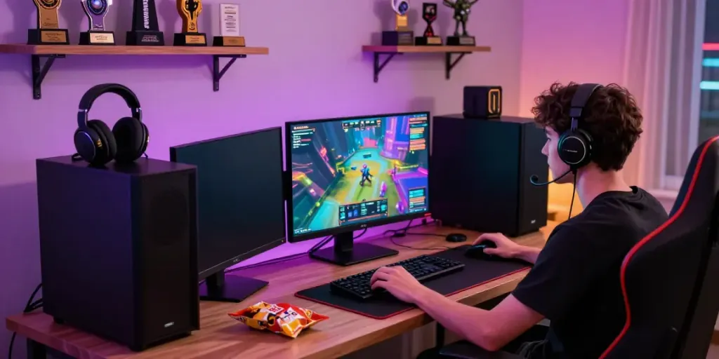 Engaged gamer at betawi777.com setup, showcasing vibrant gaming atmosphere.