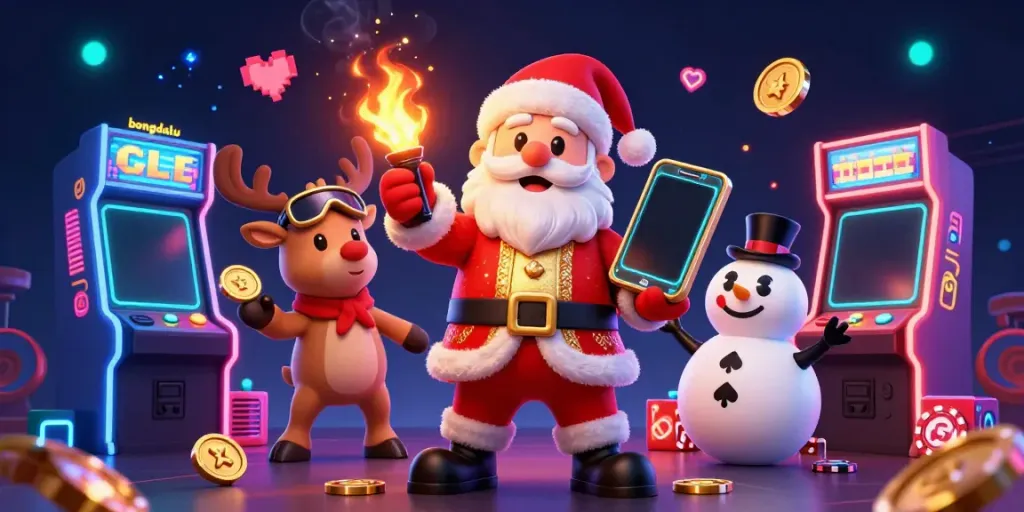Bongdalu brings exciting jackpot slots to life in a festive casino-themed scene with Santa and friends.